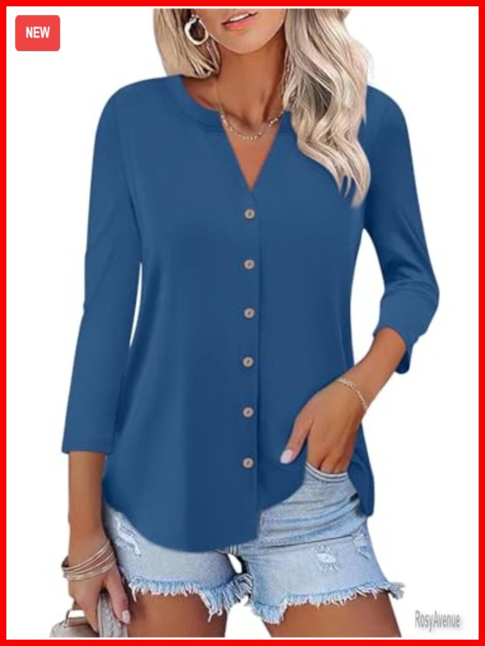 Women's Button Down Shirt 3/4 Sleeve V Neck Cotton Blend Top
